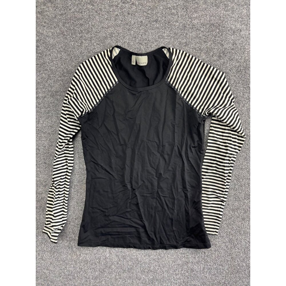 Athleta Rashguard Shirt Women's Small Black White Stripe Long Sleeve Swim Top